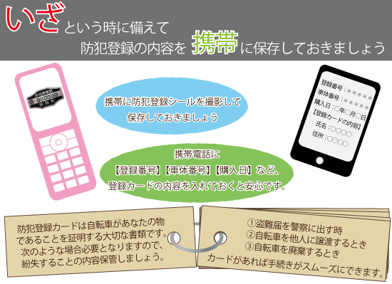 いざという時に備えて防犯登録の情報を携帯電話に保存しておきましょう